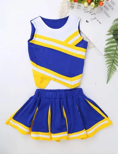 Vista 5 de Disfraz de animadora para niños y niñas, 2 piezas, sin mangas, disfraz de líder de animación, cosplay, baile, disfraz elegante