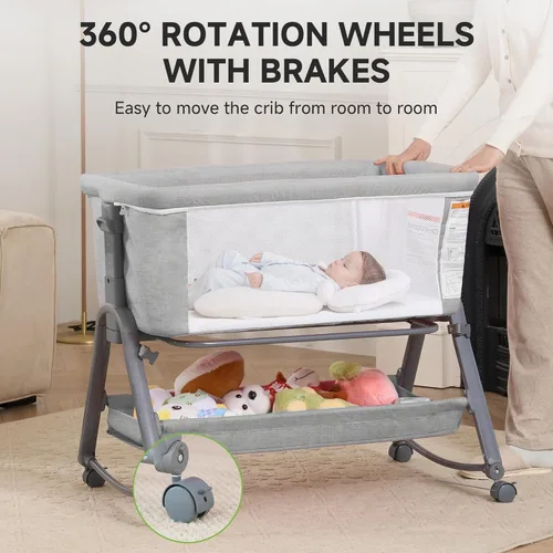 Vista 8 de Real Relax Moisés para bebé, cuna mecedora 3 en 1 para bebé con 6 alturas ajustables, laterales y colchón de malla transpirable, cesta de Gris
