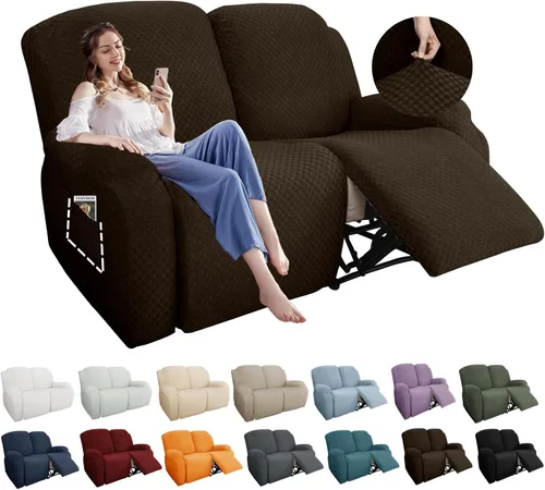 Vista 23 de YEMYHOM Funda elástica de 4 piezas para silla reclinable de jacquard con bolsillo lateral, antideslizante, ajustable, protector de muebles con parte