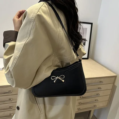 Vista 2 de Bolso de hombro con lazo de moda para mujer, bolso de mano con cremallera para citas nocturnas, viajes casuales, Negro -, Moda