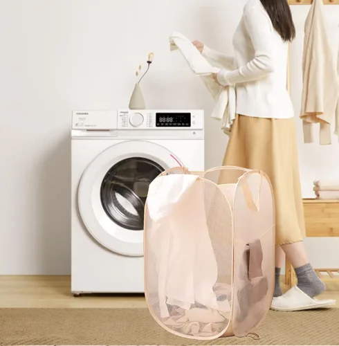 Vista 3 de Cesta plegable para la ropa sucia, cesta de malla para almacenamiento para dormitorios universitarios, viajes, cruzar, acampar, color beige