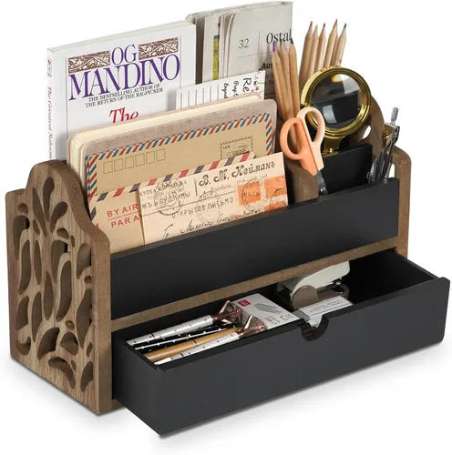 Organizador de escritorio con cajón de madera, organizador de archivos de oficina, organizador de correo para encimera - Organizador de