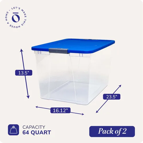 Vista 4 de HOMZ Compartimiento de almacenamiento transparente Snaplock con tapa, X Large Latching-64 Quart (Juego de 2), Azul, Paquete de 2