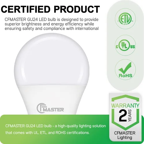 Vista 3 de Bombilla LED GU24 CFMASTER, 3000K Blanco Cálido, 9W (equivalente a 100W), 800 lúmenes, forma A19, bombillas LED GU24, base GU24 de bloqueo giratorio