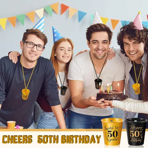 Vista 5 de 12 piezas de 30, 40, 50, 60, 70, 70, vasos de chupito de plástico para cumpleaños en collar de cuentas, tazas de chupito para fiesta de cumpleaños