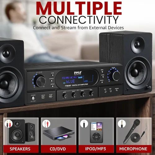Vista 4 de Pyle Amplificador receptor de cine en casa Bluetooth – Amplificador de potencia máxima de 180 W con agudos, graves, control de eco, MP3/USB/FM