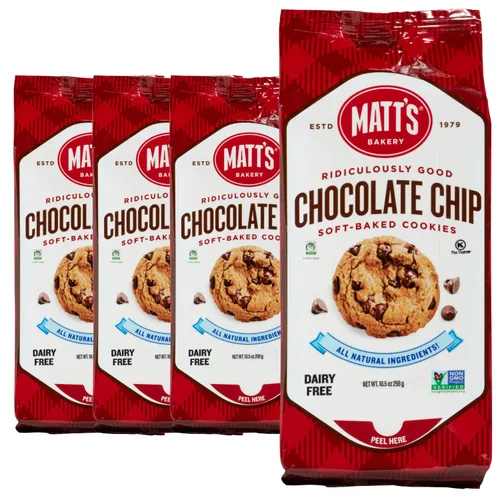 Matt's Bakery Galletas con chispas de chocolate, horneadas suaves, sin OMG, ingredientes totalmente naturales; 4 bolsas (10.5 onzas cada una)