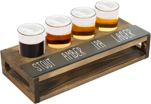 Vista 8 de MyGift Juego de regalo de vidrio de cerveza de madera maciza con 4 vasos de cerveza de degustación y bandeja para servir con etiqueta de pizarra