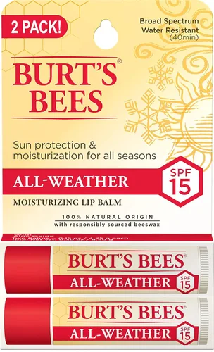 Burt's Bees Bálsamo labial All Weather SPF 15, hidratante labial resistente al agua, sin tinte, tratamiento acondicionador natural, 2 tubos, 0.15