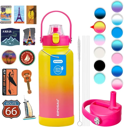 Vista 29 de Botella de agua aislada con tapa, bota y calcomanías, botella de acero inoxidable de 24 onzas, sin sudor, mantiene el frío las 24 horas, botella