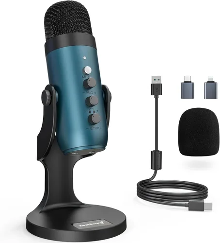 Vista 12 de ZealSound Micrófono de podcast para PC, micrófono USB con cancelación de ruido con ganancia, ajuste de volumen y botón de silencio, monitoreo y eco
