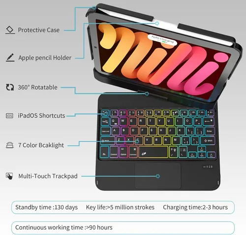 Vista 3 de TaIYanG Funda de teclado para iPad mini 7 A17 Pro 2024 y Mini 6, funda de teclado con trackpad retroiluminado de 7 colores para iPad mini 6ª