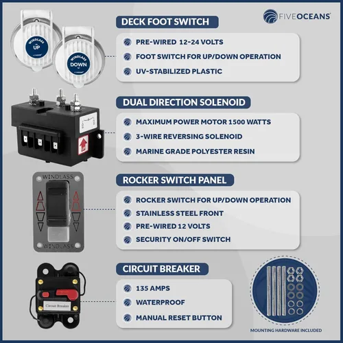 Vista 4 de Five Oceans Windlass Kit, Boat Anchor Windlass, 12V DC, Includes Solenoid, Circuit Breaker, UpDown Foot Switch and Rocker Switch, Vertical Series