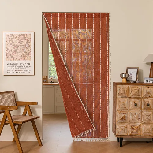 Vista 77 de Sutuo Home Cortinas de puerta francesa para puerta de patio, cortinas de lino semiopacas bohemias con borlas, tiras de granja a cuadros, decoración