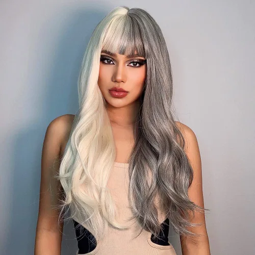 iirukaa Peluca de cabello largo y rizado con flequillo, peluca de cosplay gris y dorado claro para Navidad y Halloween, color festivo, peluca de