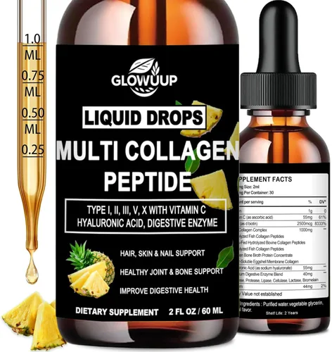 Gotas líquidas de péptidos de colágeno múltiple para mujeres y hombres - Tipo I, II, III, V, X | Péptidos de colágeno hidrolizado, proteínas de