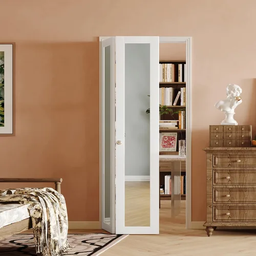 Vista 23 de Puerta Plegable de 180 Grados, para Aberturas de Puerta de Despensa de 24″x 80″, Puerta Plegable Blanca 1-Lite con Vidrio Esmerilado con Conjunto