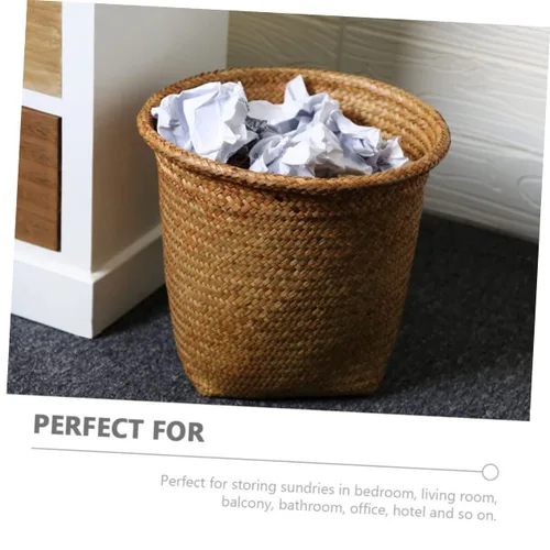 Vista 6 de ARTIBETTER 2 cestas de basura de hierba marina, contenedor de basura tejido, contenedor de mimbre de ratán para lavandería, soporte para macetas