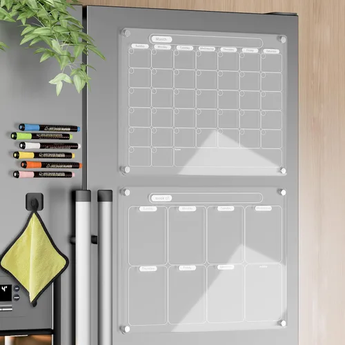 Vista 5 de Calendario magnético acrílico para nevera, juego de 2 calendarios transparentes de borrado en seco reutilizables, tableros de planificación blancos