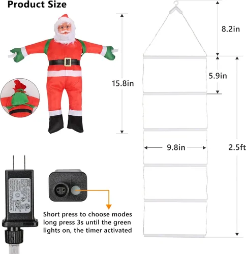 Vista 8 de Luces LED de escalera con Papá Noel escalador, 2.5 pies, luces decorativas de Navidad para interiores, 8 modos, árbol de luces de Navidad