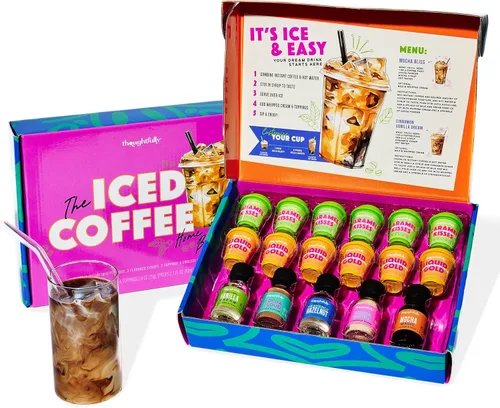 Thoughtfully, Juego de regalo de barra de café helado, incluye café instantáneo, jarabes saborizados, cacao en polvo y azúcar de canela, estación de