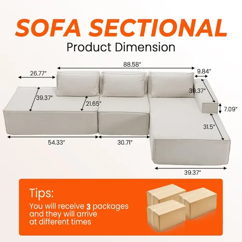 Vista 2 de Sofá modular de 125 pulgadas con diván, moderno sofá nube en forma de L con asiento profundo, sofás seccionales sin hueso para sala de estar