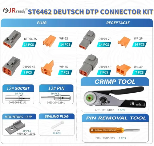 Vista 2 de JRready ST6462 Deutsch DTP Kit de conectores - Conector DTP 2 4 pines 12-16AWG Contactos sólidos tamaño 12, herramienta de crimpado Deutsch