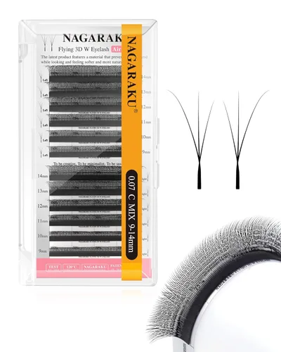 Vista 417 de NAGARAKU Extensión de pestañas en forma de W 3D con volumen en racimo, abanico prefabricado, pestañas postizas de visón sintético mate negro