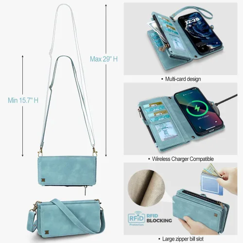 Vista 4 de Funda Cartera para Teléfono iPhone Air con 8 Portarjetas, Bloqueo RFID Cuero PU Soporte Abatible Correa de Muñeca y Correa para el Hombro