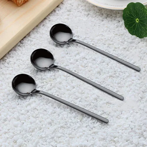 Vista 3 de Juego de 8 mini cucharas de café expreso de 5.3 pulgadas con mango esmerilado negro mate de acero inoxidable para postre té, helado, pastel
