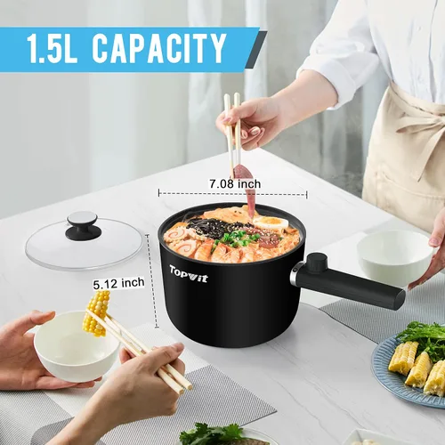 Vista 4 de Topwit Olla caliente eléctrica, olla de ramen de 1.5 L, sartén portátil antiadherente, olla eléctrica para pasta, bistec, sin BPA, cocina eléctrica