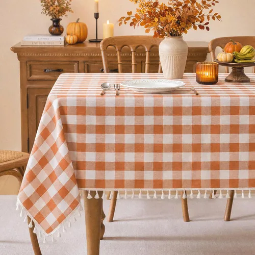 Vista 12 de Laolitou Mantel redondo a cuadros verde, de lino y algodón, con borla, a cuadros de búfalo, lavable, mantel de gingham para sala de estar
