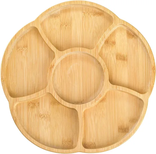 Vista 4 de Lazy Susan - Bandeja de servir de 12 pulgadas, bandeja de comida de bambú, platos divididos para aperitivos, bandeja giratoria de 360°, bandeja