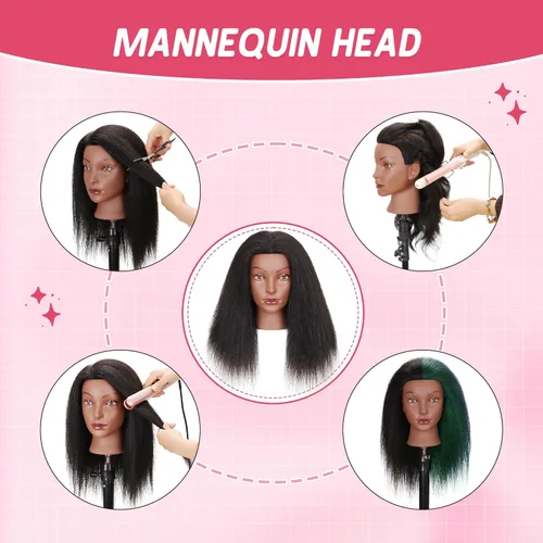 Vista 4 de Cabeza de maniquí 100% cabello humano real, cabeza de muñeca de entrenamiento para trenzar, peinar, práctica de cosmetología con soporte