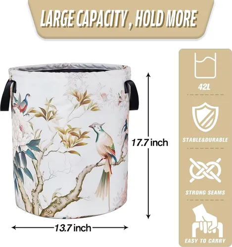 Vista 2 de Cesta de lavandería de flores de pájaro, estilo chino, plegable, de tela Oxford, divertida bolsa de lavandería, cesta de almacenamiento de ropa