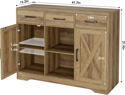 Vista 3 de HOSTACK Armario de almacenamiento de madera moderno estilo granja, con puertas de granero, aparador con almacenamiento, cajones y estantes