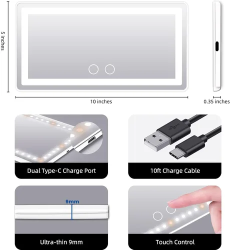 Vista 5 de Espejo de Tocador para Visera Solar de Automóvil, 2 Piezas Espejo de Maquillaje Recargable con 3 Modos de Luz y 60 LEDs - Espejos Cosméticos
