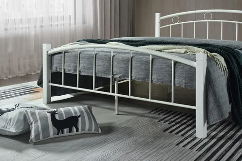 Vista 5 de HODEDAH Cama completa de plataforma de metal blanco con cabecero y estribo en tamaño Queen