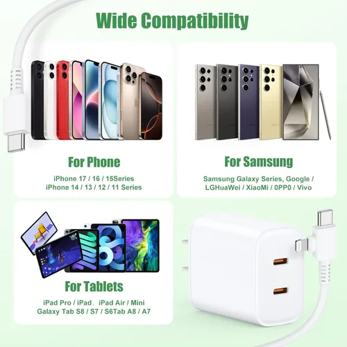 Vista 7 de BETHEONE Cargador de 40 W para iPhone 17/16/15/14/13/12/11 de carga rápida, enchufe de doble puerto 2 en 1 con cable Lightning tipo C de 6/10 pies