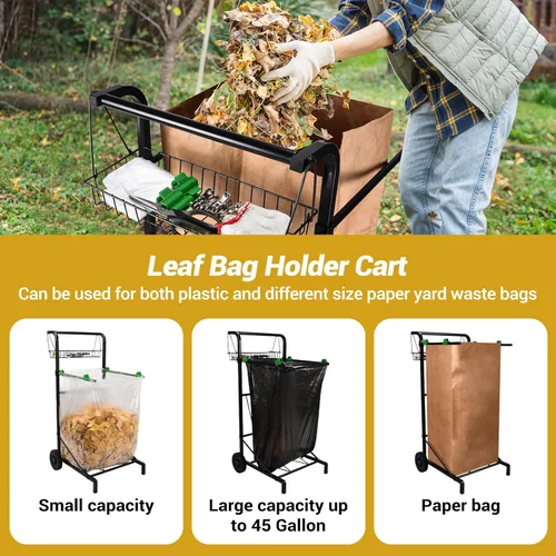 Vista 7 de CAROD Carrito de bolsa de basura mejorado con cesta de almacenamiento y mango ergonómico, soporte ajustable para bolsas de hojas para exteriores