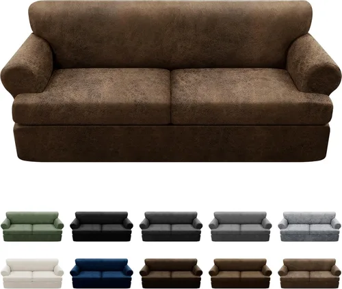 Vista 102 de Fundas para Sillón de 2 Piezas con Cojín en T, Fundas de Aspecto de Cuero para Sofá, Fundas para Sillas, Protector de Muebles Elástico, Funda