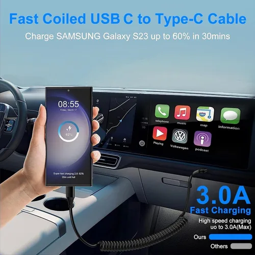 Vista 3 de Cable USB C para Android Auto de carga rápida, 3 pies + 6 pies retráctil en espiral tipo C a C cable de cargador de teléfono para Samsung Galaxy A17