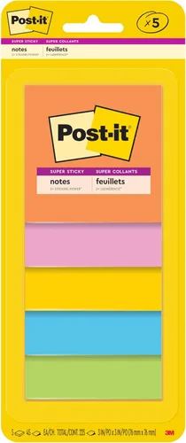 Post-It Notas, Super Sticky, 3" x 3", 5ct - Multicolor