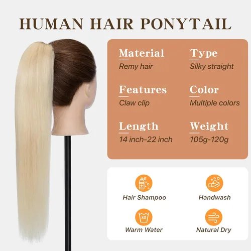 Vista 7 de Extensión de Cola de Caballo con Clip de Garra, Extensión de Cola de Caballo 100% Cabello Humano, Sin Enredos y Suave, 105g, 14 Pulgadas #Rubio