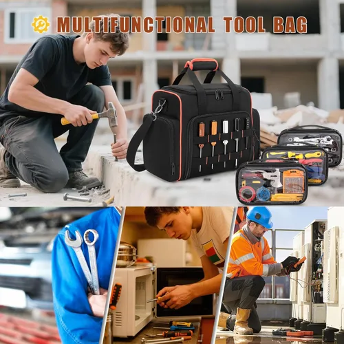 Vista 7 de Bolsa de herramientas Marscamd con 3 estuches extraíbles, bolsa de herramientas de 2 capas para herramientas manuales, negra con ribete rojo