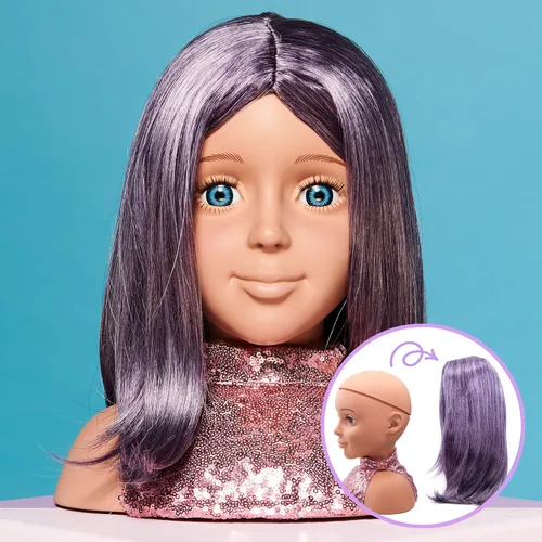 I'm A Stylist Styling Head Deluxe Lola - Cabeza de maniquí de muñeca, peluca intercambiable, pelo morado de fibra sintética incluye pestañas