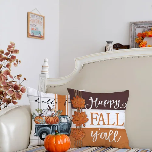 Vista 9 de GEEORY Juego de 4 fundas de almohada de camión de calabaza de otoño de 18 x Naranja y blanco