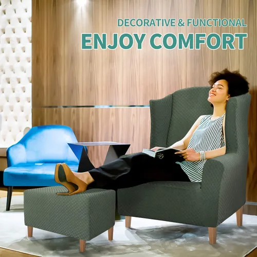 Vista 2 de YEMYHOM 1 funda elástica para silla con respaldo de ala + funda otomana de tamaño grande (verde militar)