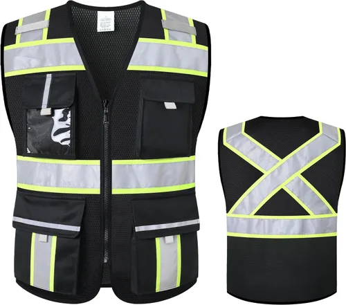 Vista 16 de Chaleco de seguridad clase 2 con cremallera frontal y múltiples bolsillos, chaleco de alta visibilidad, cumple con las normas ANSI/ISEA