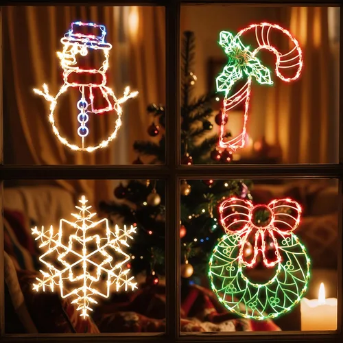Vista 13 de Decoraciones navideñas iluminadas para ventanas, paquete de 2 luces de silueta de ventana de Navidad enchufables para Navidad, fiesta, hogar, patio